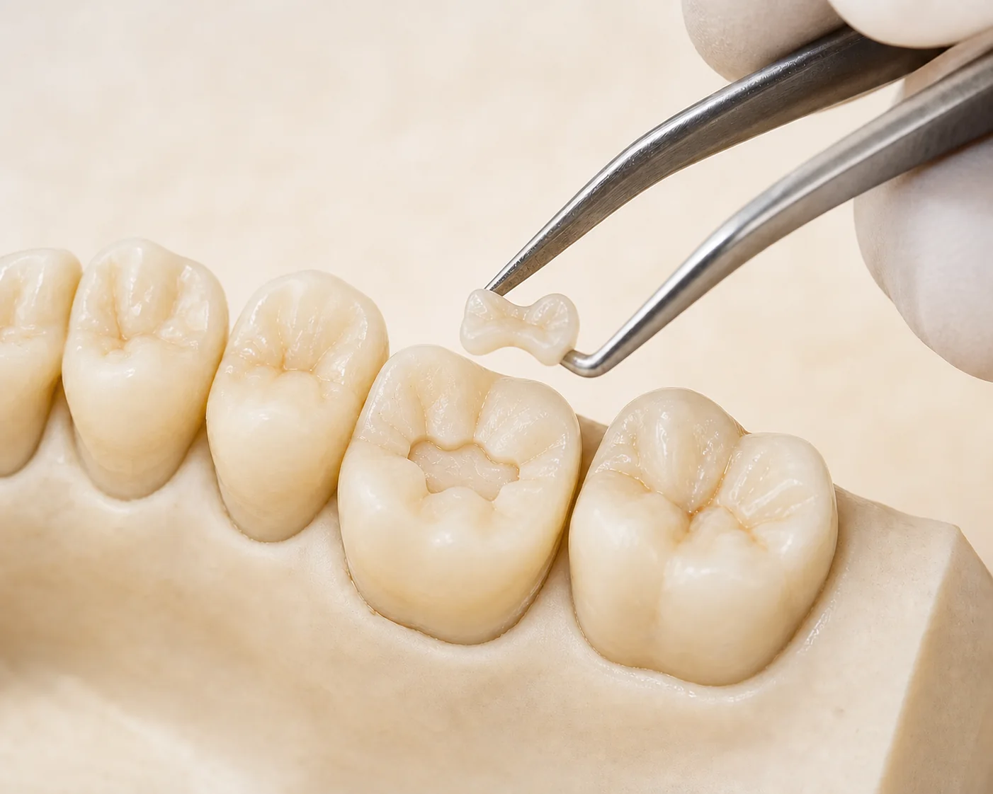 A small ceramic dental inlay being positioned within the intact cusps of a prepared molar