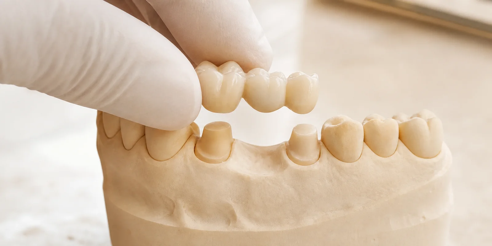 A natural ceramic dental bridge being positioned over prepared supporting teeth