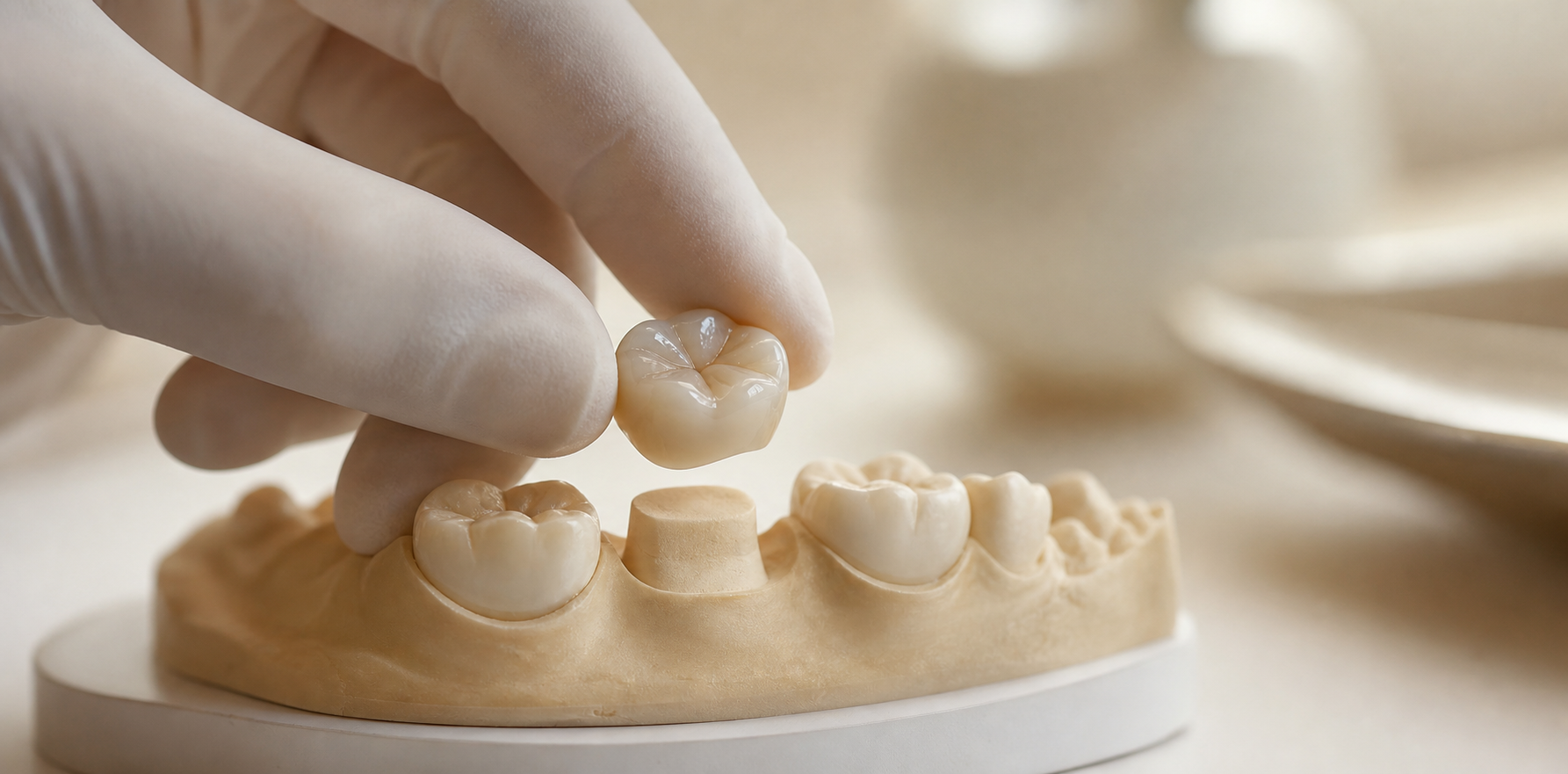 A natural ceramic molar crown being positioned over a prepared tooth