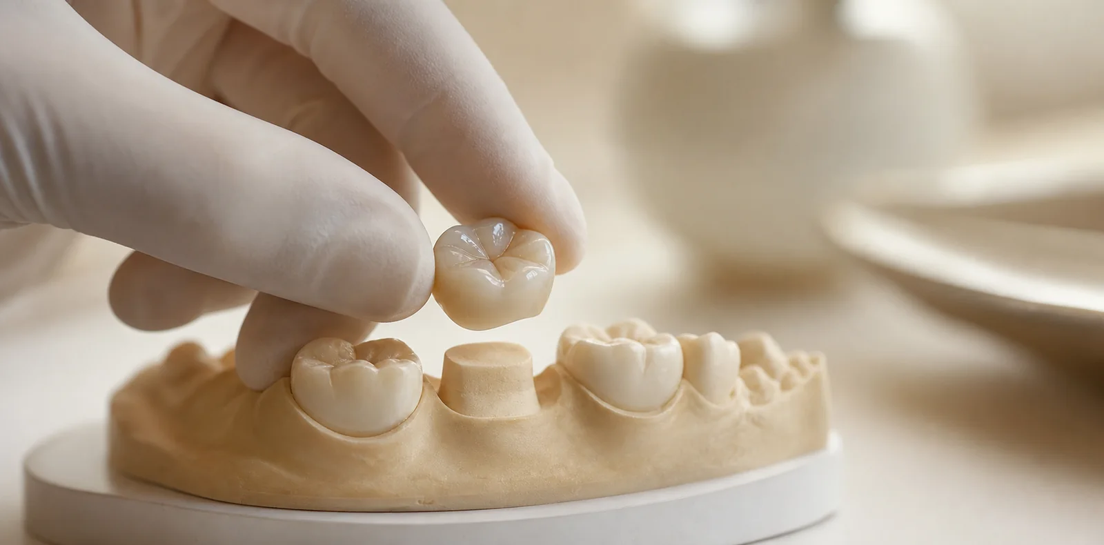A natural ceramic molar crown being positioned over a prepared tooth