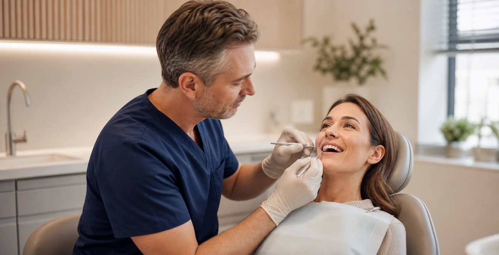 A dentist carrying out a calm routine examination for a relaxed patient