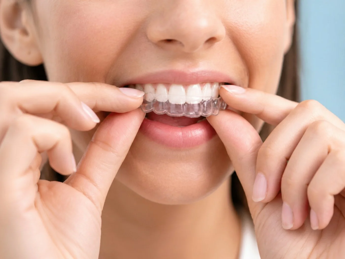 A patient fitting a clear Invisalign aligner
