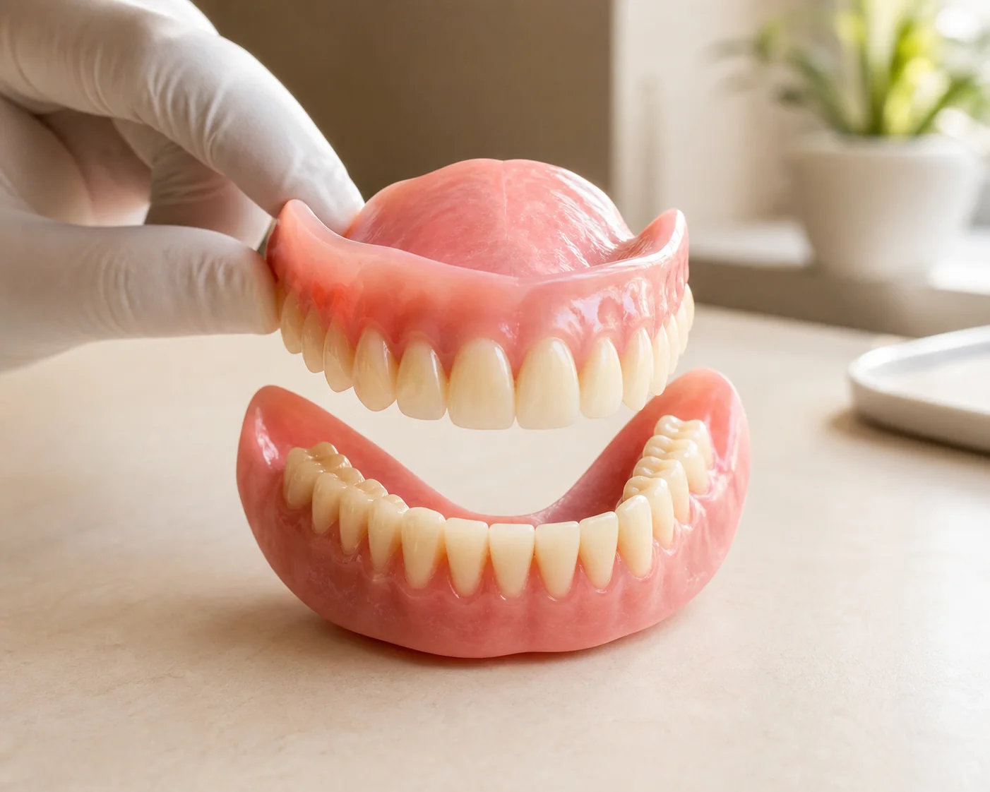 Conventional removable upper and lower acrylic dentures with natural-looking replacement teeth