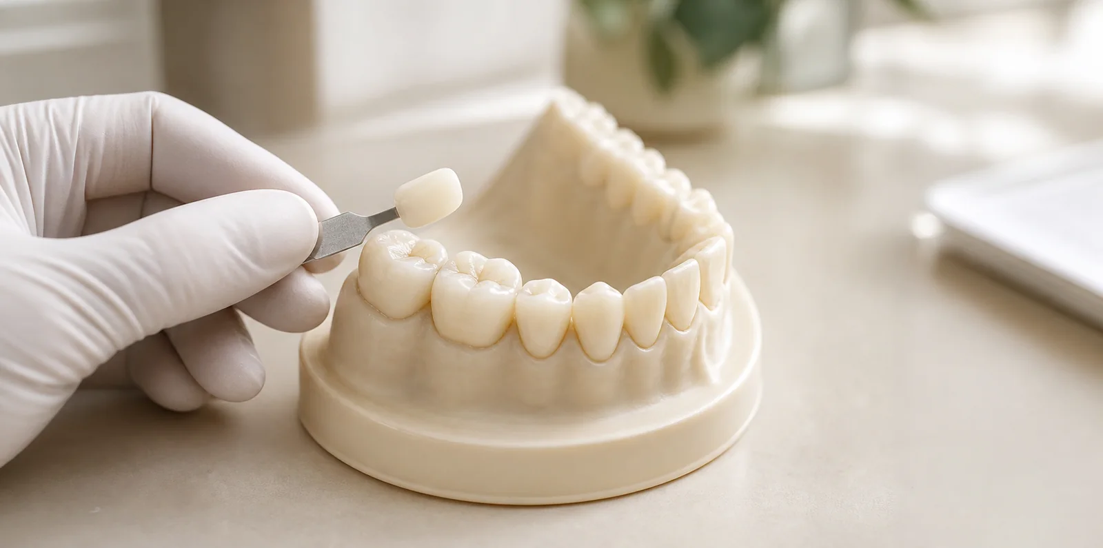 A tooth shade being matched to a natural-looking white filling on a dental model